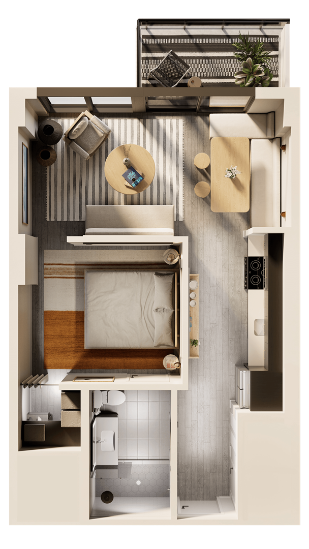 a 3d rendering of a bedroom with a bed and a bathroom